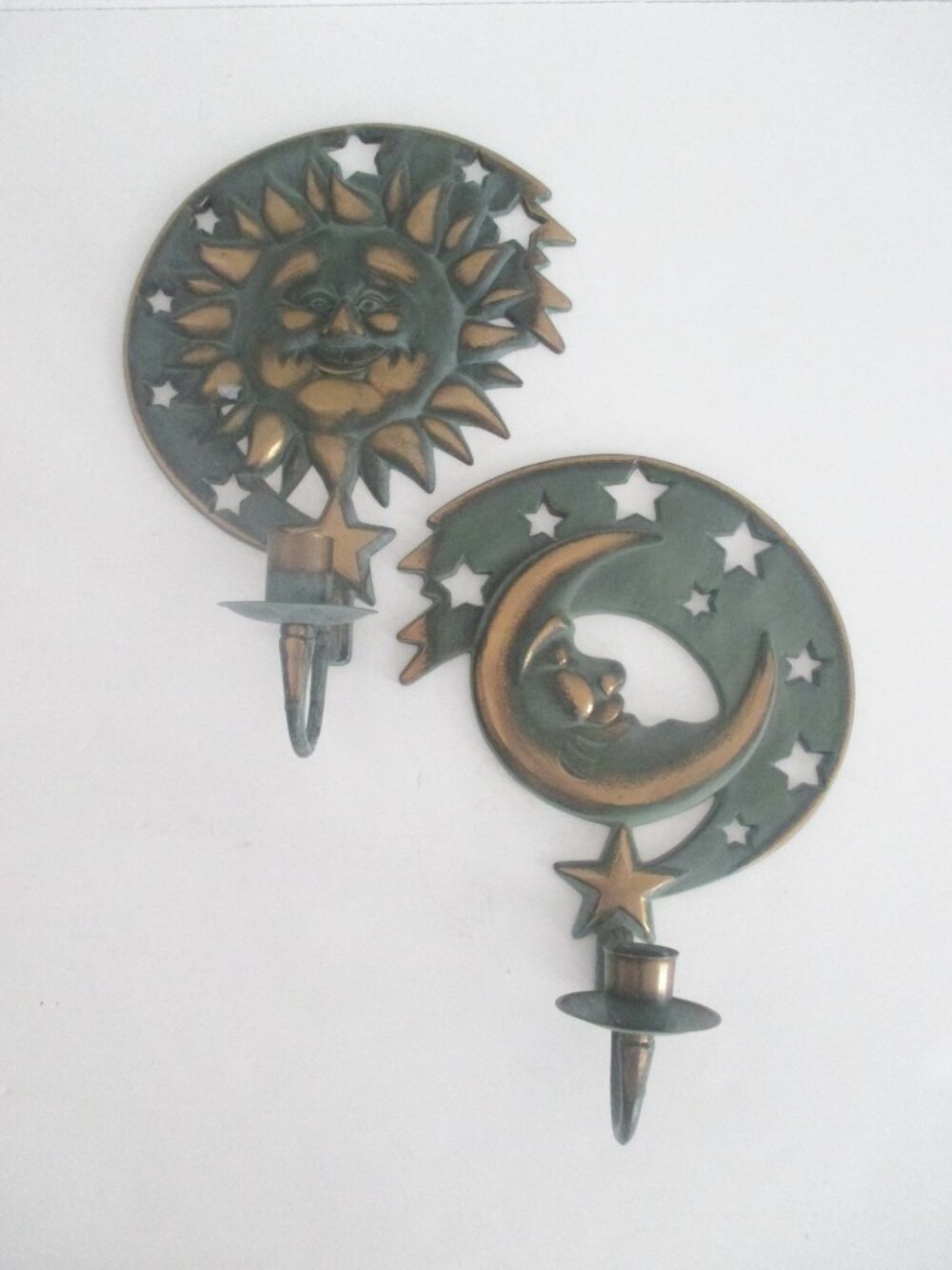Pair Brass Candle Holders Celestial Partylite Sun Moon Stars 1990s